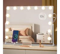 SONGMICS Hollywood Vanity Mirror with Lights, 58?5.8 cm, LED Vanity Makeup Mirror, with Charging Ports, 3 Colour Temperatures, Detachable 10X Magnifying Mirror, Phone Holder, Matte White LWM001W03