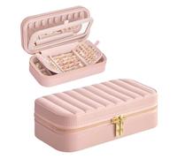 SONGMICS HOME ANAH Collection - Travel Jewellery Case, Small Jewellery Box Organiser with Mirror, 10.5 x 20.5 x 6 cm, PU Surface with Stitching, Portable, Zippers, Gift Idea, Jelly Pink JBC180S01