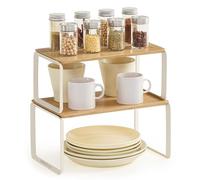 SONGMICS HOME Cabinet Organizer Shelf, Set of 2 Kitchen Counter Shelves, Kitchen Storage, Spice Rack, Stackable, Expandable, Metal and Bamboo, Natural Beige UKCS050N01V1