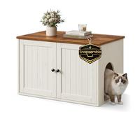 SONGMICS HOME Cat Litter Box Enclosure, Snapsemble Superfast Assembly | Compact Cat House, Double Doors, Side Table, Farmhouse, Rustic White and Honey Brown, Hopu Collection PCL233WJ05