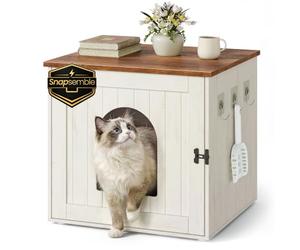 SONGMICS HOME Cat Litter Box Enclosure, Snapsemble Superfast Assembly | Compact Cat House, Push-to-Open Door, Side Table, Farmhouse, Rustic White and Honey Brown, HOPU Collection PCL234WJ02