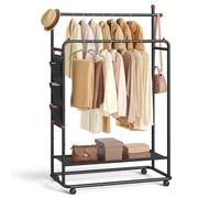 SONGMICS HOME Clothes Rail, Clothes Rack on Wheels, Portable Clothing Rack, with 2 Clothes Hanging Rails, Fabric Shelf and Storage Bag, Matchstick-Shaped Hooks, Ink Black HSR171B01
