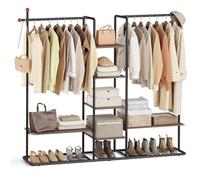 SONGMICS HOME Clothes Rail, Clothes Rack with Shoe Shelf, Heavy-Duty Storage Rack, 6 Storage Shelves, 2 Hanging Rails, Matchstick-Shaped Hooks, Natural Walnut and Ink Black RGR012B01