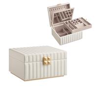 SONGMICS HOME Jewellery Box with Mirror, 24 x 20.5 x 13.5 cm | Case Organiser, PU Surface with Stitching, Floating Base, 2 Tiers, Gift Idea, Cloud White, ANAH Collection JBC182W01