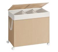 SONGMICS HOME Laundry Basket with 3 Compartments, 140 L Laundry Sorter on Wheels, Clothes Basket with Lid, Removable Liner with Handles, Natural Beige and Matte White LCB602N01