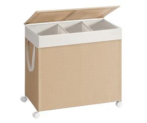 SONGMICS HOME Laundry Basket with 3 Compartments, 140 L Laundry Sorter on Wheels, Clothes Basket with Lid, Removable Liner with Handles, Natural Beige and Matte White LCB602N01