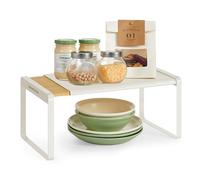 Spice rack set with extendable and stackable organiser shelves, Light Bamboo + Cream White