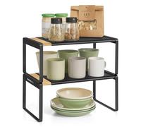 SONGMICS HOME Spice Racks, Set of 2, Extendable Kitchen Organiser Shelves, Cupboard Organiser, Countertop, Small, Stackable, Tabletop Storage, Shoe Rack, Light Bamboo and Ink Black KCS051B01