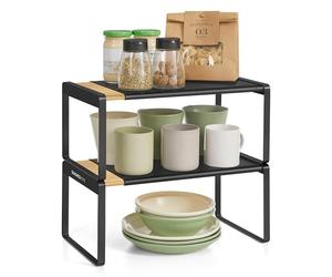 SONGMICS HOME Spice Racks, Set of 2, Extendable Kitchen Organiser Shelves, Cupboard Organiser, Countertop, Small, Stackable, Tabletop Storage, Shoe Rack, Light Bamboo and Ink Black KCS051B01