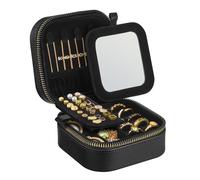 SONGMICS HOME Travel Jewellery Box with Mirror, 10.5 x 11.2 x 6 cm | Small Case Organiser, PU Surface with Stitching, Portable, Zippers, Gift Idea, Ink Black, ANAH Collection JBC179B01