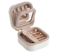 SONGMICS HOME Travel Jewellery Box with Mirror, 10.5 x 11.2 x 6 cm | Small Case Organiser, PU Surface with Stitching, Portable, Zippers, Gift Idea, Cloud White and Tan, ANAH Collection JBC179W01