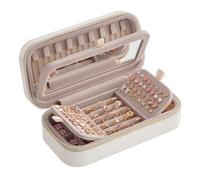 SONGMICS HOME Travel Jewellery Box with Mirror, 20.5 x 10.5 x 6 cm | Small Case Organiser, PU Surface with Stitching, Portable, Zippers, Gift Idea, Cloud White and Tan, ANAH Collection JBC180W01