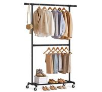 SONGMICS Industrial Clothes Rack on Wheels, Maximum load of 110 Kg, Double Garment Hanging Rod, Heavy Duty Commercial Display, Black HSR62BK