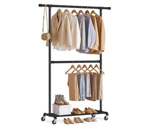 SONGMICS Industrial Clothes Rack on Wheels, Maximum load of 110 Kg, Double Garment Hanging Rod, Heavy Duty Commercial Display, Black HSR62BK