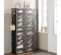 Songmics Interlocking Shoe Rack, Plastic Shoe Storage Cabinet, 10-Slot Modular Storage Organiser Unit, Black