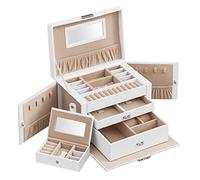 SONGMICS JBC121W 3-Tier Jewellery Box with 2 Drawers, Jewellery Box with Portable Mini Box for Travel, with Handle, Lockable, Jewellery Storage, Gift Idea, White