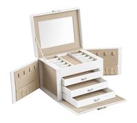SONGMICS JBC159W01 4-Tier Jewellery Box with Handle, 3 Drawers, Jewellery Box with Mirror, Lock, Jewellery Storage, Christmas, Cloud White/Sand Beige