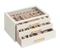 SONGMICS Jewellery Box, 3-Layer Jewellery Storage Organiser with Glass Window, 3 Drawers, Large Capacity, Modern, Golden Handles, Gift Idea, 16 x 24 x 12.5 cm, Cream White JBC206WD01