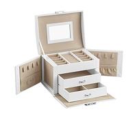 SONGMICS Jewellery Box 3 Levels, Jewellery Box with 2 Drawers, Mirror, Lock, Cloud White Surface and Beige Sand Lining MJBC154W01