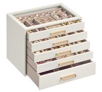 SONGMICS Jewellery Box, 5-Layer Jewellery Storage Organiser with Glass Window, 5 Drawers, Large Capacity, Modern, Golden Handles, Gift Idea, 17.2 x 24 x 18.4 cm, Cream White JBC205WD01