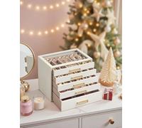 Songmics Jewellery Box, 5-Layer Jewellery Storage Organiser With Glass Window, 5 Drawers, Large Capacity, Modern,cream White