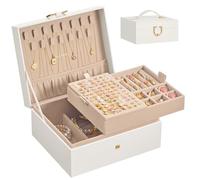 SONGMICS Jewellery Box Organiser, 2-Layer Jewellery Storage Case with Removable Tray, Carry Handle, for Necklaces, Earrings, Rings, 17 x 20.5 x 9.5 cm, Gift Idea, Cream White JBC208WD01