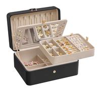 SONGMICS Jewellery Box Organiser with Mirror, 2-Layer, 22 x 17.6 x 11 cm | Earring Necklace Storage, Removable Tray, Gift Idea, Tan and Black, GISELLA Collection JBC200B01