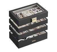SONGMICS Stackable Jewellery Trays, 4-Tier Jewellery Box, Large Jewellery Case, Clear Glass Lid, 17 x 28 x 18.3 cm, for Dressing Table, Gift Idea, Ink Black JBC164B01
