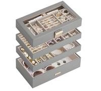 SONGMICS Stackable Jewellery Trays, 4-Tier Jewellery Box, Large Jewellery Case, Clear Glass Lid, 17 x 28 x 18.3 cm, for Dressing Table, Gift Idea, Dove Gray JBC164G01