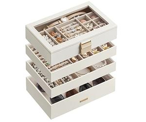 SONGMICS Jewellery Box, Stackable 4-Tier, Clear Glass Lid, Large