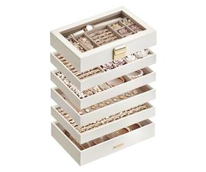 SONGMICS Jewellery Box, Stackable 6-Tier, Clear Glass Lid, Large | Jewellery Box Case, 28 x 17 x 25.3 cm, for Dressing Table, Gift Idea, Cloud White and Tan, GISELLA Collection JBC195W01