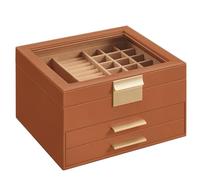 SONGMICS Jewellery Box with Glass Lid, 3-Layer Jewellery Storage Organiser with 2 Drawers, Plenty of Storage, Modern, Gift Idea, 20.3 x 23.1 x 13.5 cm, Caramel Brown and Gold JBC239K01