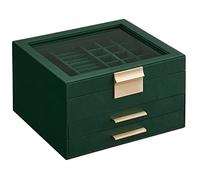 SONGMICS Jewellery Box with Glass Lid, 3-Layer Jewellery Storage Organiser with 2 Drawers, Plenty of Storage, Modern, Gift Idea, 20.3 x 23.1 x 13.5 cm, Forest Green and Gold JBC239C01