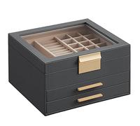 SONGMICS Jewellery Box with Glass Lid, 3-Layer Jewellery Storage Organiser with 2 Drawers, Plenty of Storage, Modern, Gift Idea, 20.3 x 23.1 x 13.5 cm, Grey and Gold JBC239G02