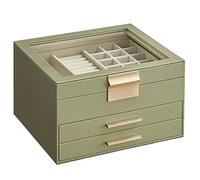 SONGMICS Jewellery Box with Glass Lid, 3-Layer Jewellery Storage Organiser with 2 Drawers, Plenty of Storage, Modern, Gift Idea, 20.3 x 23.1 x 13.5 cm, Avocado Green and Gold JBC239C02