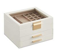 SONGMICS Jewellery Box with Glass Lid, 3-Layer Jewellery Storage Organiser with 2 Drawers, Plenty of Storage, Modern, Gift Idea, 20.3 x 23.1 x 13.5 cm, Cloud White and Gold JBC239WT