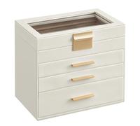 SONGMICS Jewellery Box with Glass Lid, 4-Layer Jewellery Storage Organiser with 3 Drawers, Plenty of Storage, Modern, Gift Idea, 15.3 x 25.1 x 21.5 cm, Cloud White and Gold Colour JBC161W01