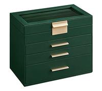 SONGMICS Jewellery Box with Glass Lid, 4-Layer Jewellery Storage Organiser with 3 Drawers, Plenty of Storage, Modern, Gift Idea, 15.3 x 25.1 x 21.5 cm, Forest Green and Gold Colour JBC161G01