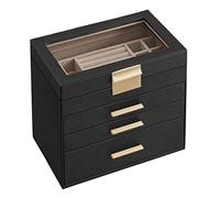 SONGMICS Jewellery Box with Glass Lid, 4-Layer Jewellery Storage Organiser with 3 Drawers, Plenty of Storage, Modern, Gift Idea, 15.3 x 25.1 x 21.5 cm, Graphite Black and Gold Colour JBC161B02