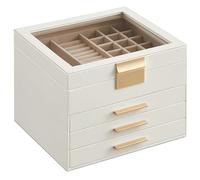 SONGMICS Jewellery Box with Glass Lid, 4-Layer Jewellery Storage Organiser with 3 Drawers, Plenty of Storage, Modern, Gift Idea, 20.3 x 23.1 x 16.5 cm, Cloud White and Gold JBC173W01