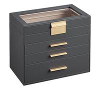 SONGMICS Jewellery Box with Glass Lid, 4-Layer Jewellery Storage Organiser with 3 Drawers, Plenty of Storage, Modern, Gift Idea, 15.3 x 25.1 x 21.5 cm, Grey and Gold Colour JBC161C01