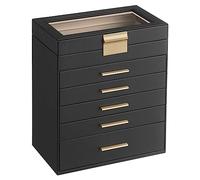 SONGMICS Jewellery Box with Glass Lid, 6-Layer Jewellery Storage Organiser with 5 Drawers, Plenty of Storage, Modern, Gift Idea, 16.3 x 25.1 x 29 cm, Graphite Black and Gold Colour JBC171B01
