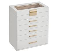 SONGMICS Jewellery Box with Glass Lid, 6-Layer Jewellery Storage Organiser with 5 Drawers, Plenty of Storage, Modern, Gift Idea, 16.3 x 25.1 x 29 cm, Cloud White and Gold Colour JBC171W01