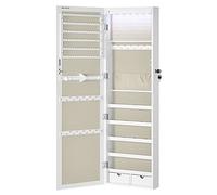 SONGMICS Jewellery Cabinet Armoire, Lockable Wall-Mounted Storage Organiser Unit for Necklace Earring, with Mirror and Various Compartments, White with Wood Grain and Beige JJC093W01