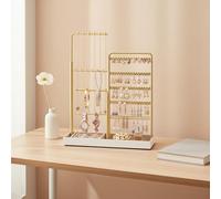 SONGMICS Jewellery Display Stand, Jewellery Storage Organiser with Metal Frame, Velvet Tray, 30.9 to 47.5 cm Tall Height Adjustable Necklace Holder, Pale Gold JJS026A01