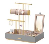 SONGMICS Jewellery Stand, Metal Jewellery Organiser, Jewellery Display Stand with Mirror, with Earring Bracelet Holder, Necklace Stand, for Rings, Gift Idea, Dove Grey and Gold JJS022G01