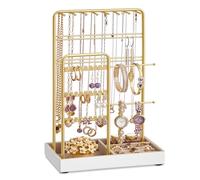 SONGMICS Jewellery Stand, Jewellery Organiser, Jewellery Display Stand with Metal Frame and Velvet Tray, Earring Bracelet Holder, Necklace Stand, for Studs, Rings, Gift Idea, Gold Colour JJS021A01