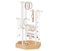 SONGMICS Jewellery Stand, Jewellery Organiser, 4 Independent Zones, Jewellery Display Stand with Metal Frame, Earring Bracelet Necklace Holder, for Rings, White and Natural Beige JJS03NW