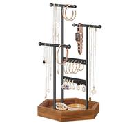 SONGMICS Jewellery Stand, Jewellery Organiser, 4 Independent Zones, Jewellery Display Stand with Metal Frame, Earring Bracelet Necklace Holder, for Rings, Black and Caramel Brown JJS03CB