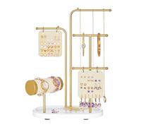 SONGMICS Jewellery Stand, Jewellery Organiser, Jewellery Display Holder with Metal Frame, 2 Earring Boards, 4 Hanging Rods, Necklace Earring Bracelet Holder, for Watches, Metallic Gold JJS025A01